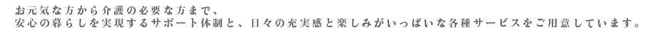 お元気な方から介護の必要な方まで、 安心の暮らしを実現するサポート体制と、日々の充実感と楽しみがいっぱいな各種サービスをご用意しています。